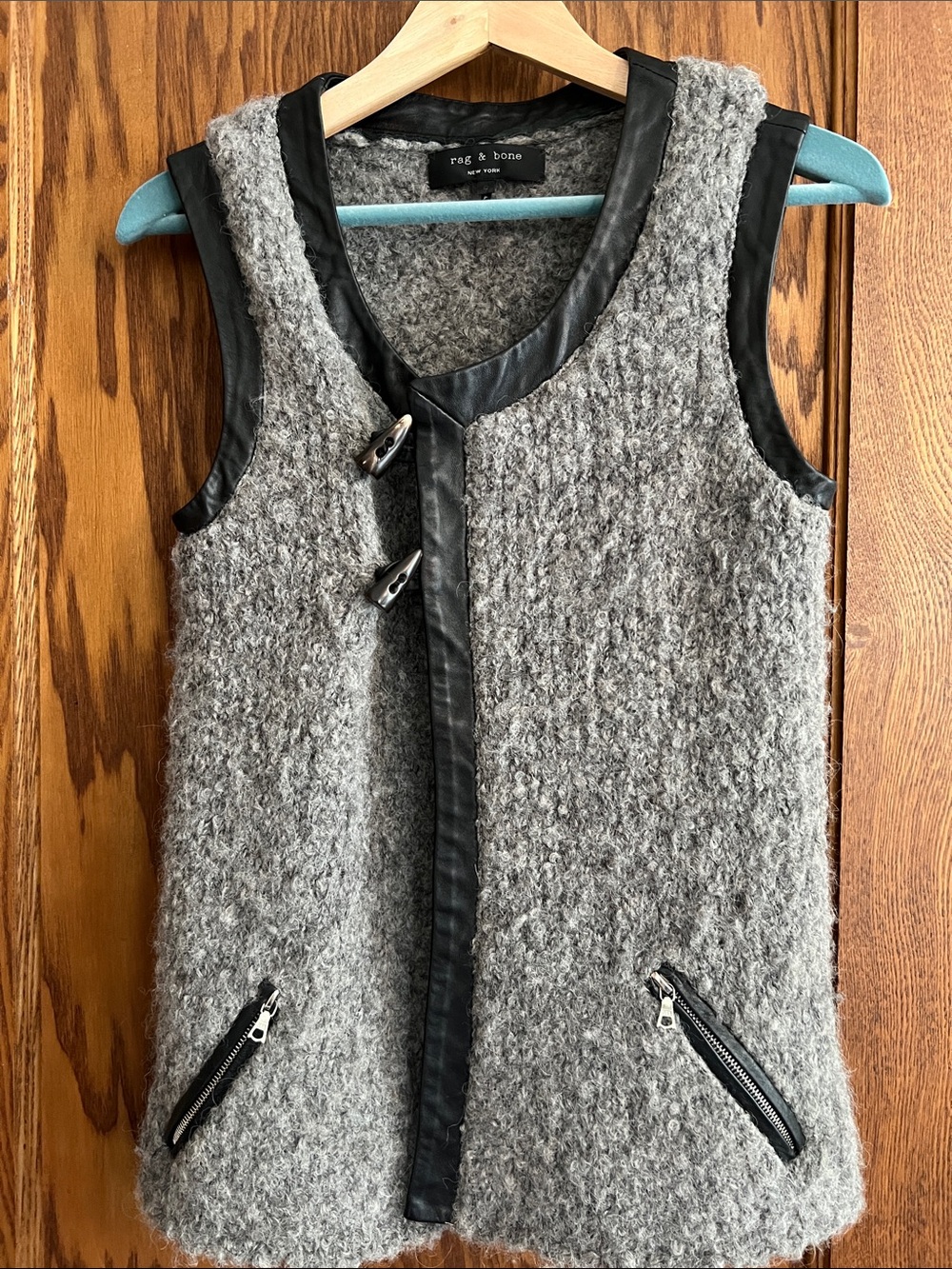 rag & bone Gray Wool Blend Vest with Black Leather Trim